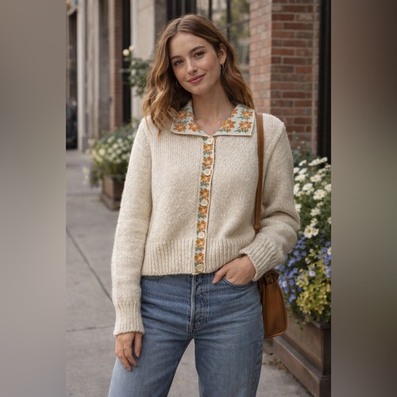 Zara Sweaters - Zara Cream Knit Cardigan Floral-Trim Collar Cottagecore Women Medium Prairie